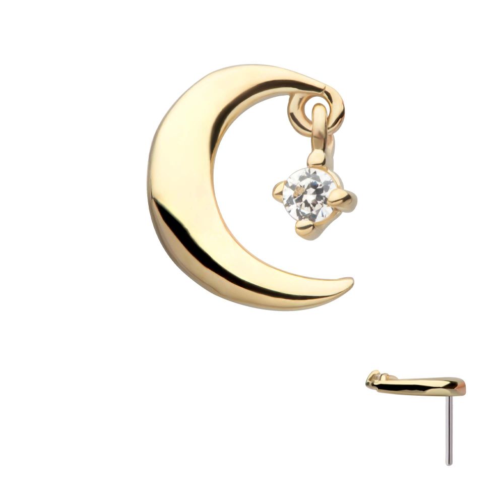 14Kt Gold Threadless Crescent Moon Top with Prong Set Gem Dangle