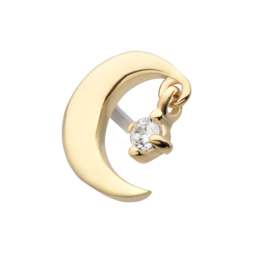 14Kt Gold Threadless Crescent Moon Top with Prong Set Gem Dangle