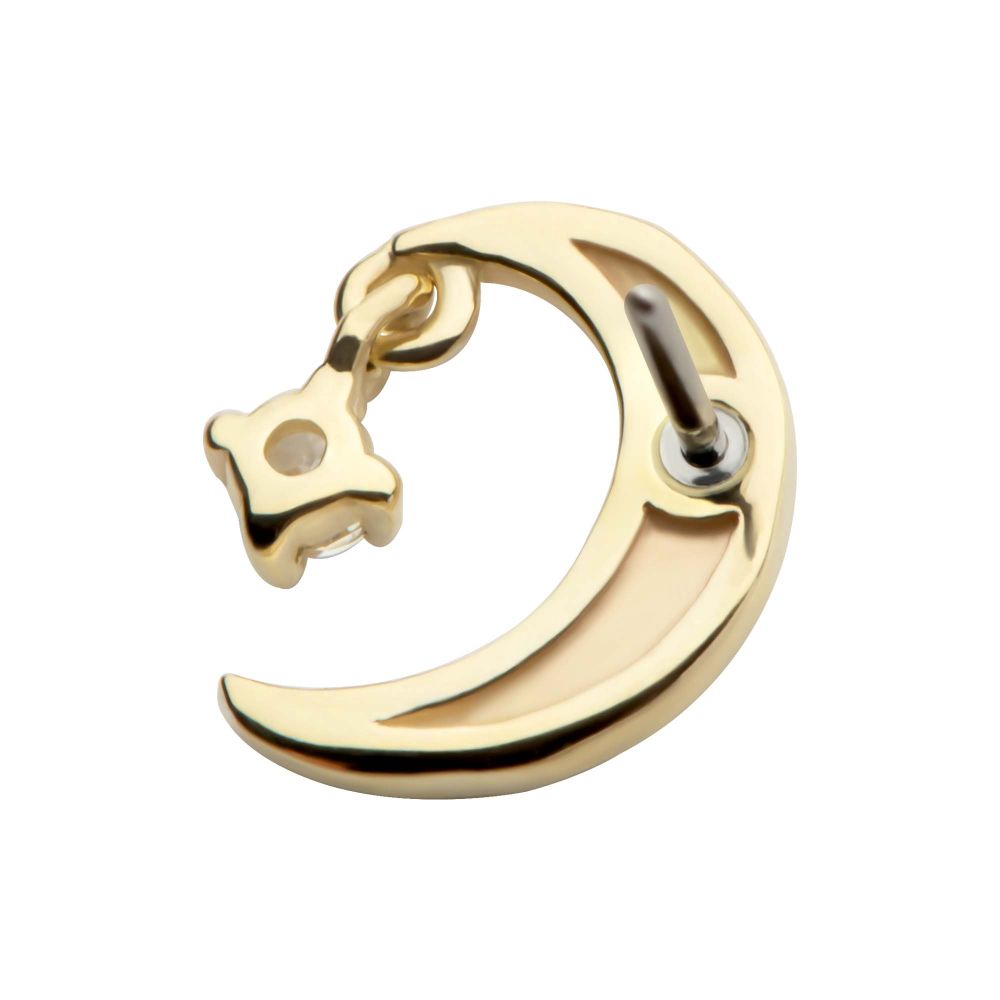14Kt Gold Threadless Crescent Moon Top with Prong Set Gem Dangle