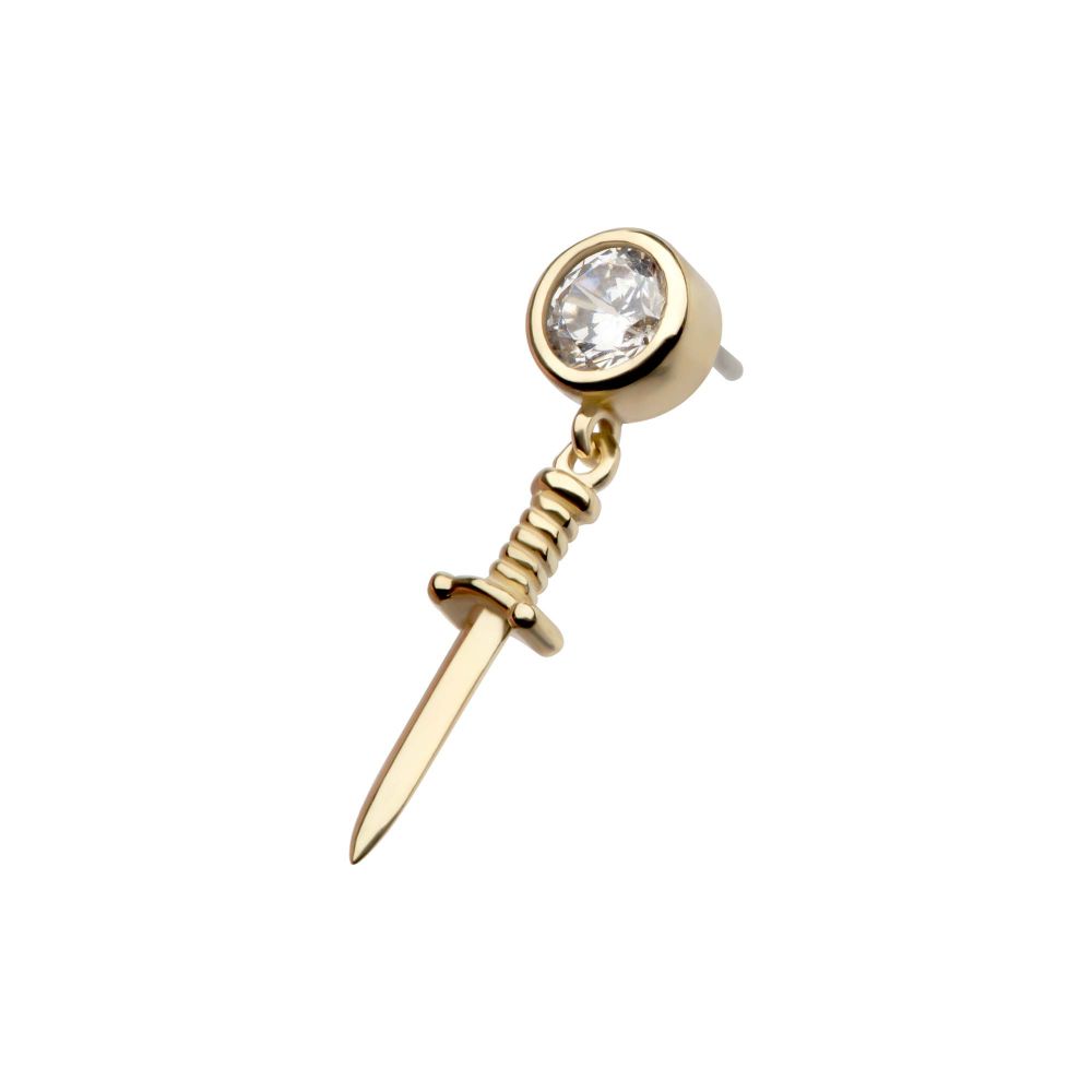 14Kt Yellow Gold Threadless Bezel Set Round CZ with Dangle Dagger Top