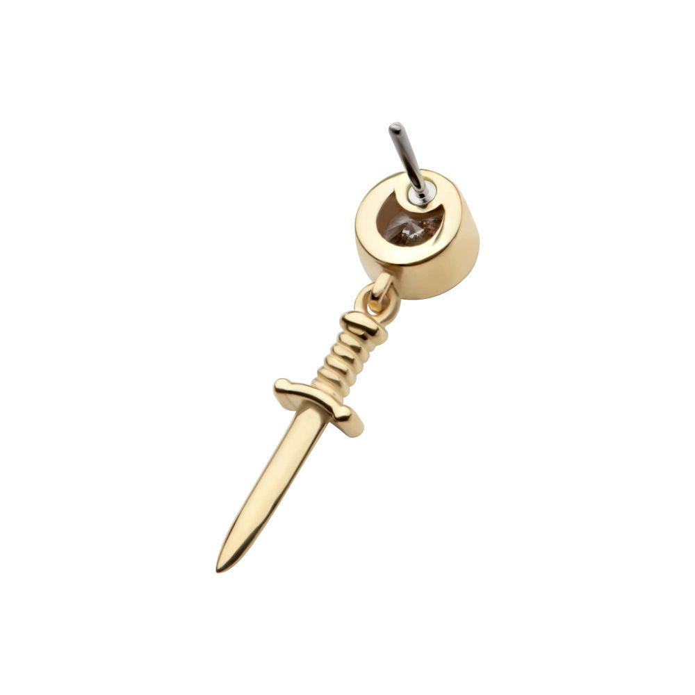 14Kt Yellow Gold Threadless Bezel Set Round CZ with Dangle Dagger Top