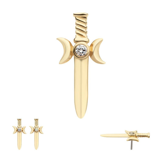 14Kt Yellow Gold Threadless Triple Moon Phase with Bezel Set Round CZ/Opal Dagger Top