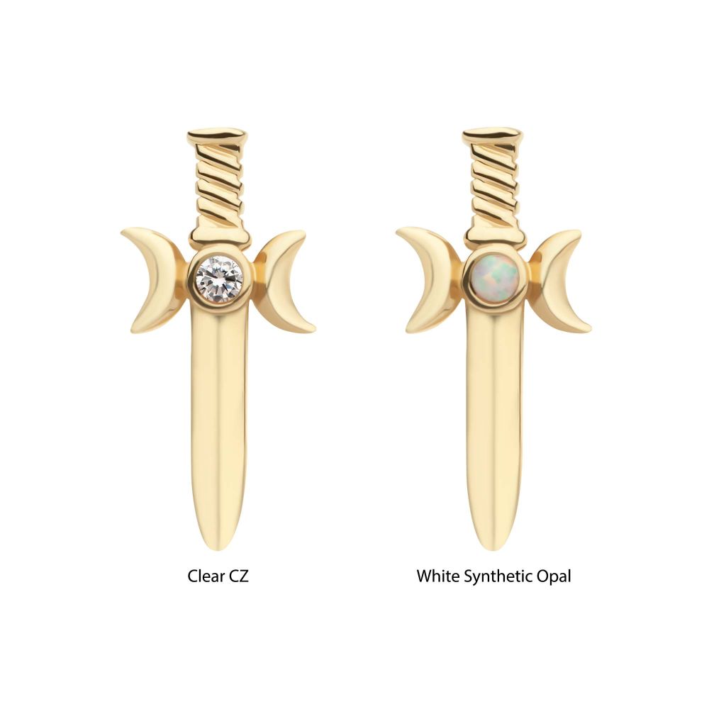 14Kt Yellow Gold Threadless Triple Moon Phase with Bezel Set Round CZ/Opal Dagger Top