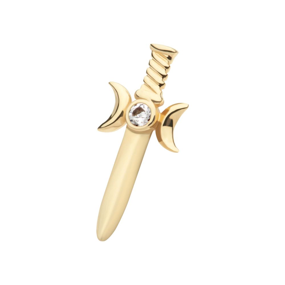 14Kt Yellow Gold Threadless Triple Moon Phase with Bezel Set Round CZ/Opal Dagger Top