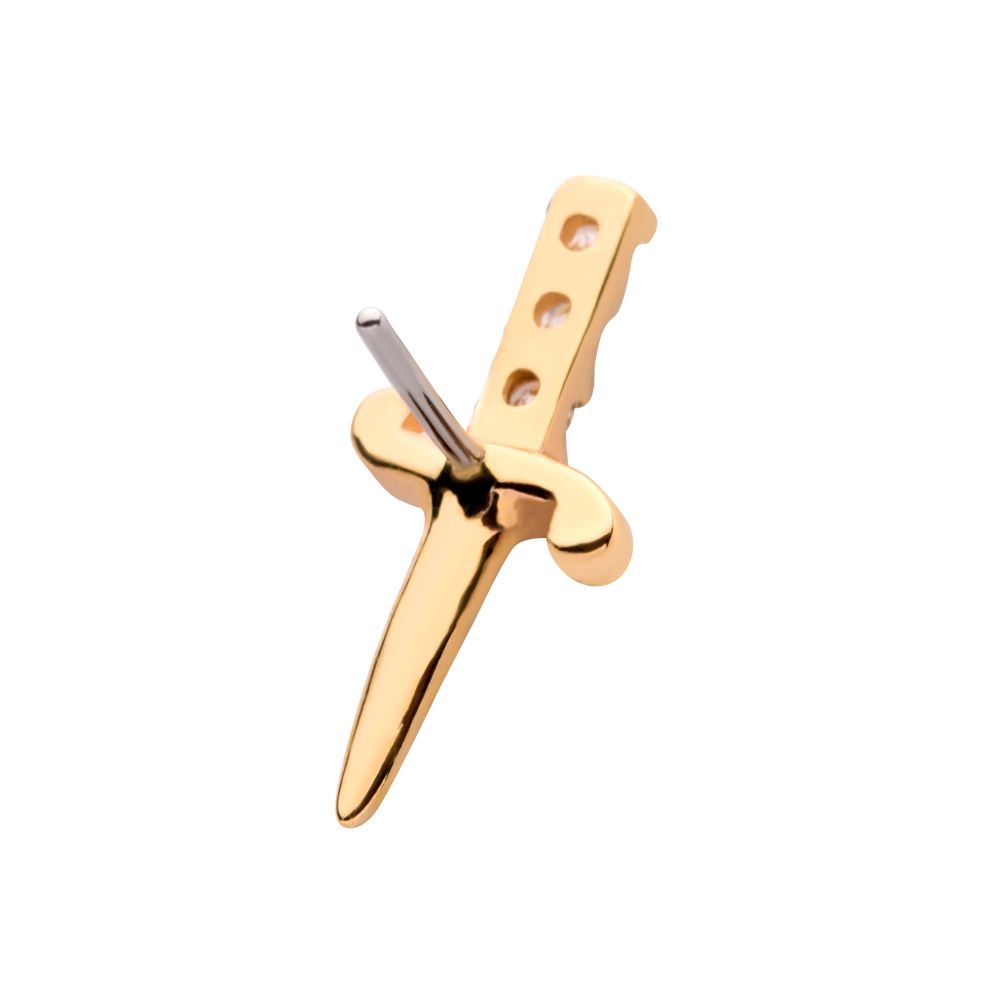 14Kt Yellow Gold Threadless with Dagger with 3-CZ Gem Handle Top