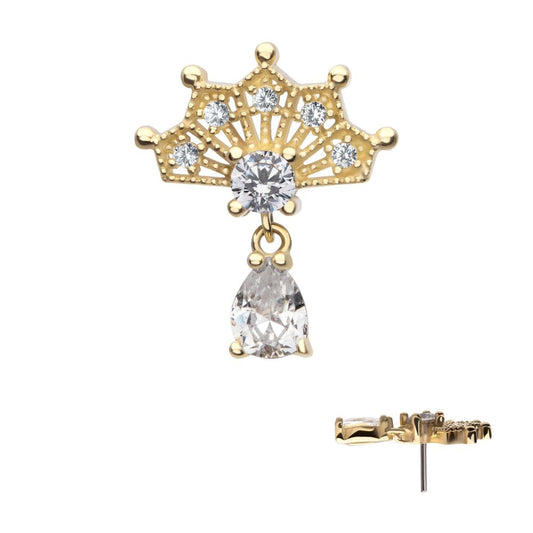 14Kt Gold Threadless Prong Set Gem Fan Top with Teardrop Gem Dangle