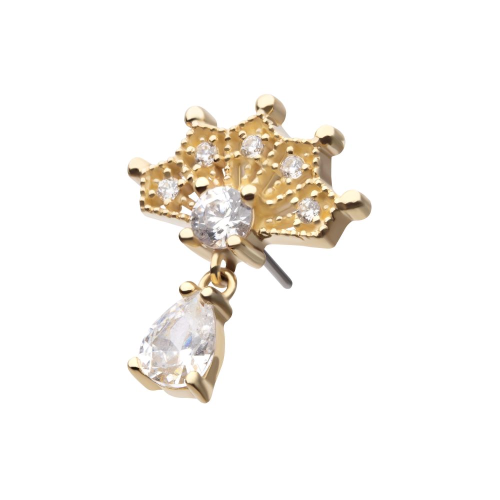 14Kt Gold Threadless Prong Set Gem Fan Top with Teardrop Gem Dangle