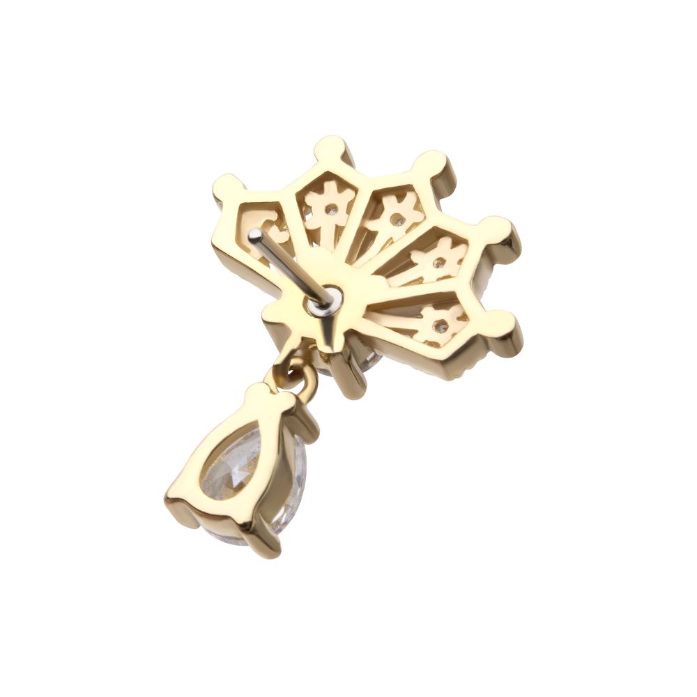 14Kt Gold Threadless Prong Set Gem Fan Top with Teardrop Gem Dangle