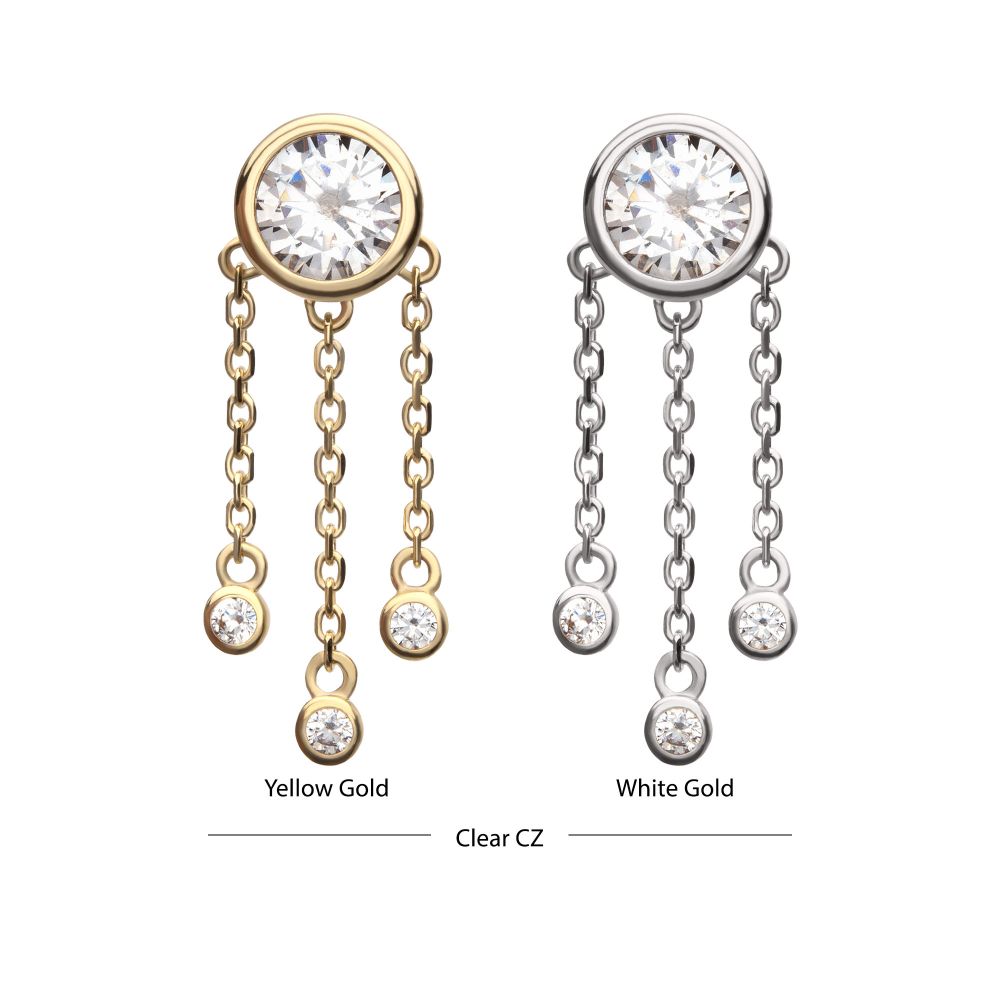 14Kt Gold Threadless Bezel Gem Top with Triple Bezel Gem Chain Dangle