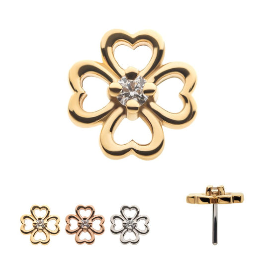 14Kt Gold Threadless with Prong Set Clear CZ 4-Leaf Clover Top