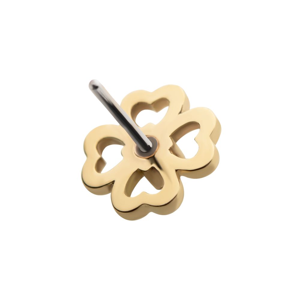 14Kt Gold Threadless with Prong Set Clear CZ 4-Leaf Clover Top