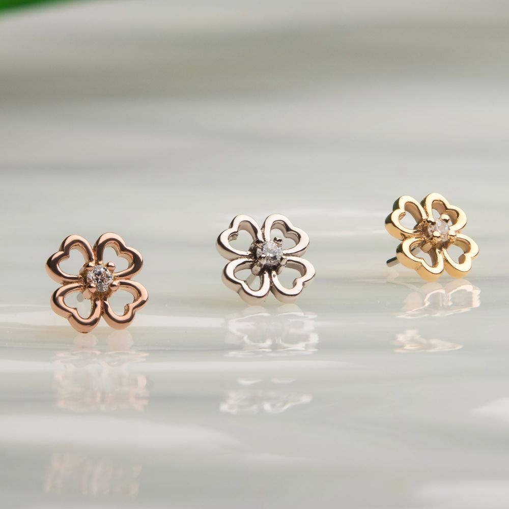 14Kt Gold Threadless with Prong Set Clear CZ 4-Leaf Clover Top