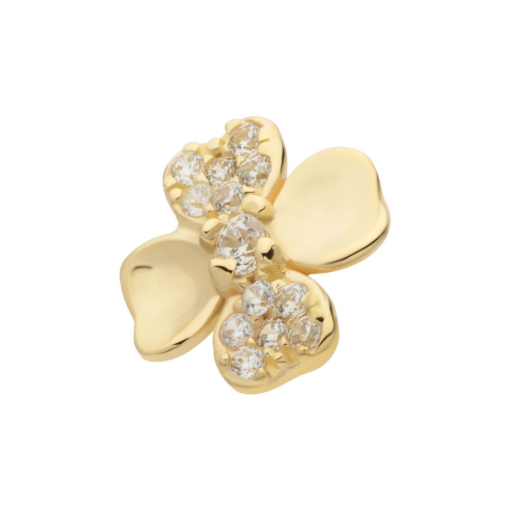 14Kt Yellow Gold Threadless Pave Set Round CZ Gem 3D Clover Top