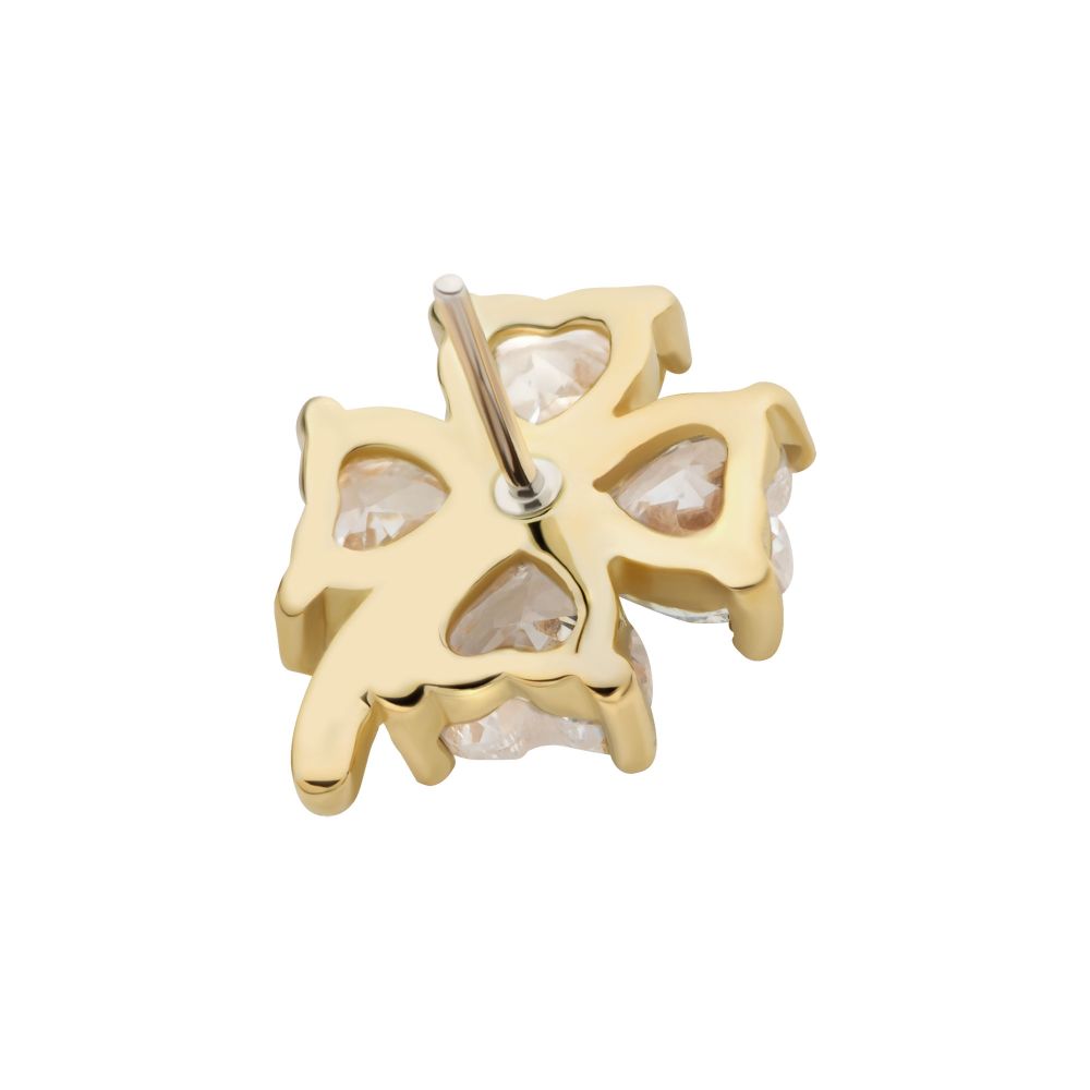 14Kt Yellow Gold Threadless Prong Set Heart CZ Gem 4-Petal Clover Top