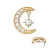 14kt Yellow Gold Threadless Pave Set Gem Crescent Moon with Floating Star Gem Top