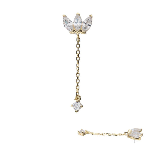 14Kt Yellow Gold Threadless Fan Shape Triple Marquise Gem Top with CZ Chain Dangle
