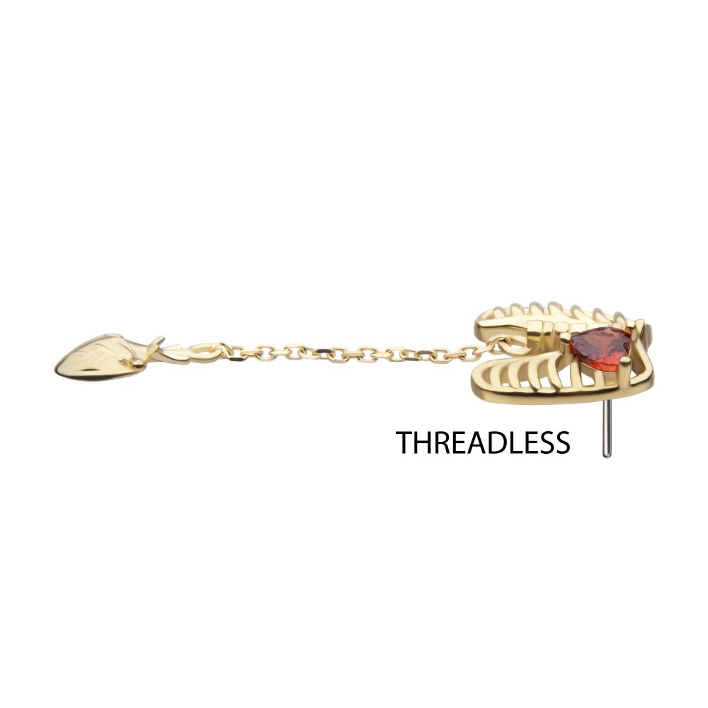 14Kt Yellow Gold Threadless Heart Gem Rib Cage Top with Anatomical Heart Dangle