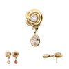14Kt Yellow Gold Threadless Prong Set Round Gem Rose Flower Top with Teardrop Dangle