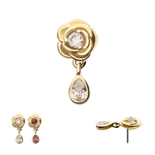 14Kt Yellow Gold Threadless Prong Set Round Gem Rose Flower Top with Teardrop Dangle