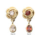 14Kt Yellow Gold Threadless Prong Set Round Gem Rose Flower Top with Teardrop Dangle