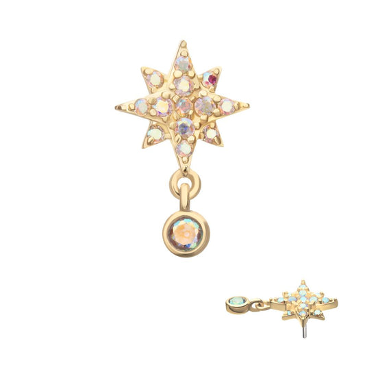 14Kt Yellow Gold Threadless Prong Set Round Opal & Gem Crescent Moon Top with Star Dangle