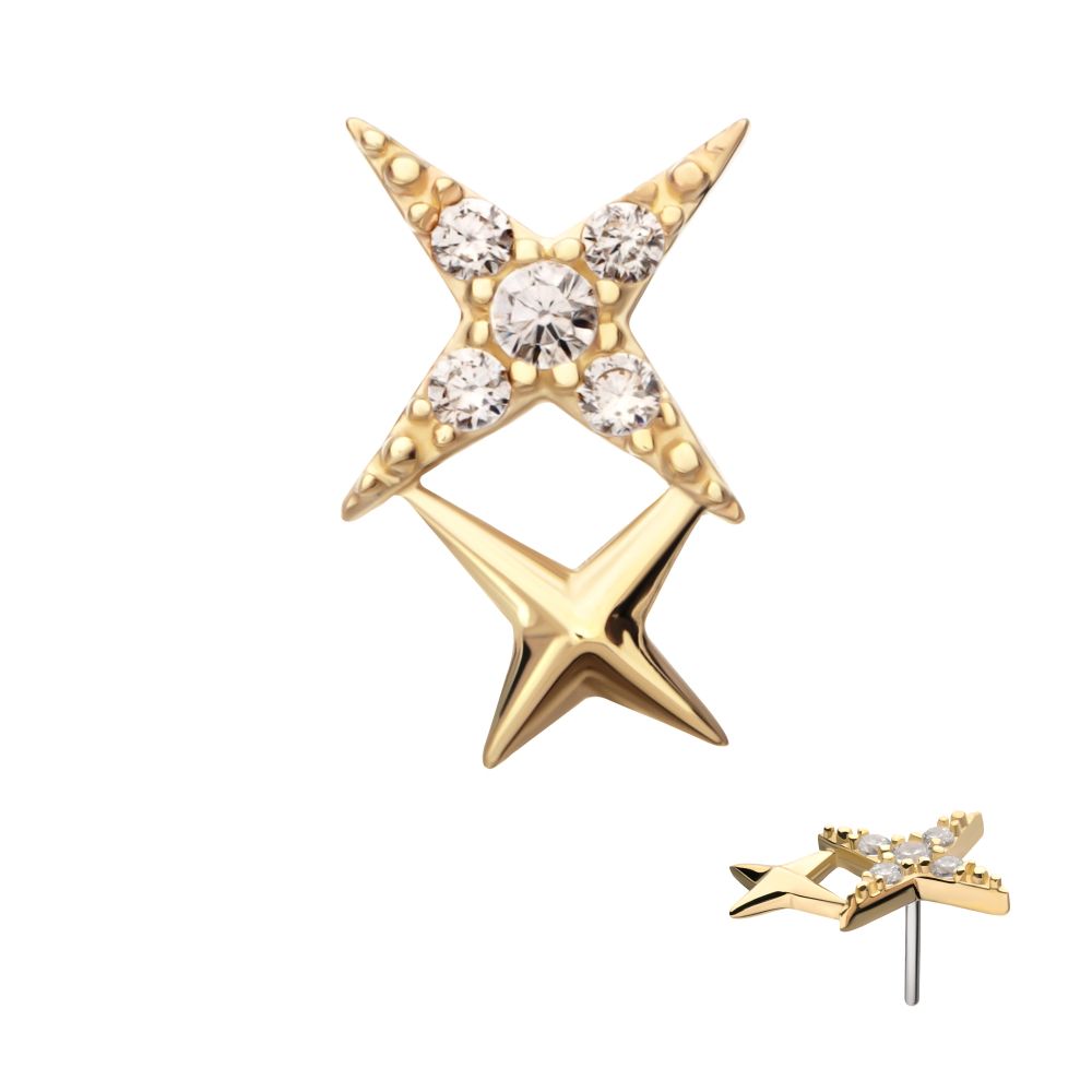 14Kt Gold Threadless Pave Set Round Gem Double Celestial Star Top
