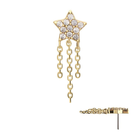 14Kt Yellow Gold Threadless Pave Gem Star Top with Triple Chain Dangle