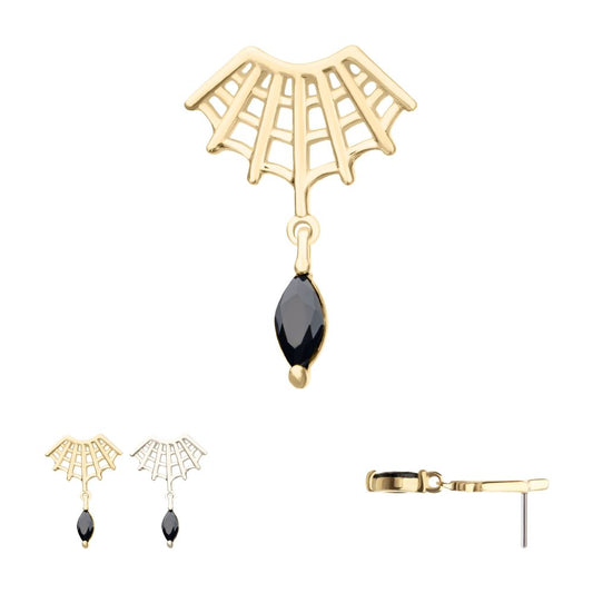 14Kt Gold Threadless Fan Shape Spiderweb Top with Black Marquise Gem Dangle