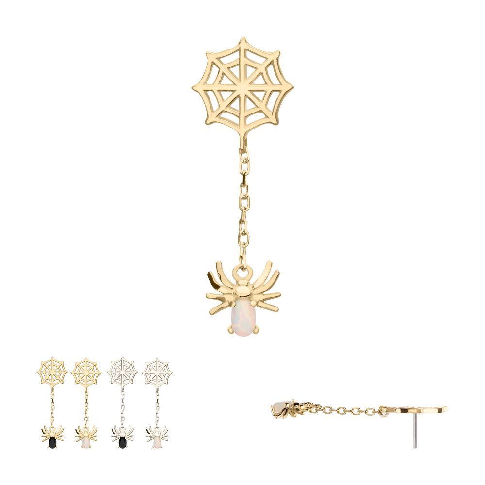 14Kt Gold Threadless Spiderweb Top with Prong Set Gem/Opal Spider Dangle