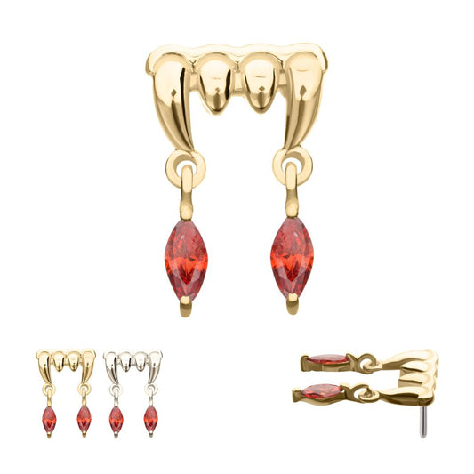 14Kt Gold Threadless Dripping Fangs Top with Garnet Marquise Gem Dangle