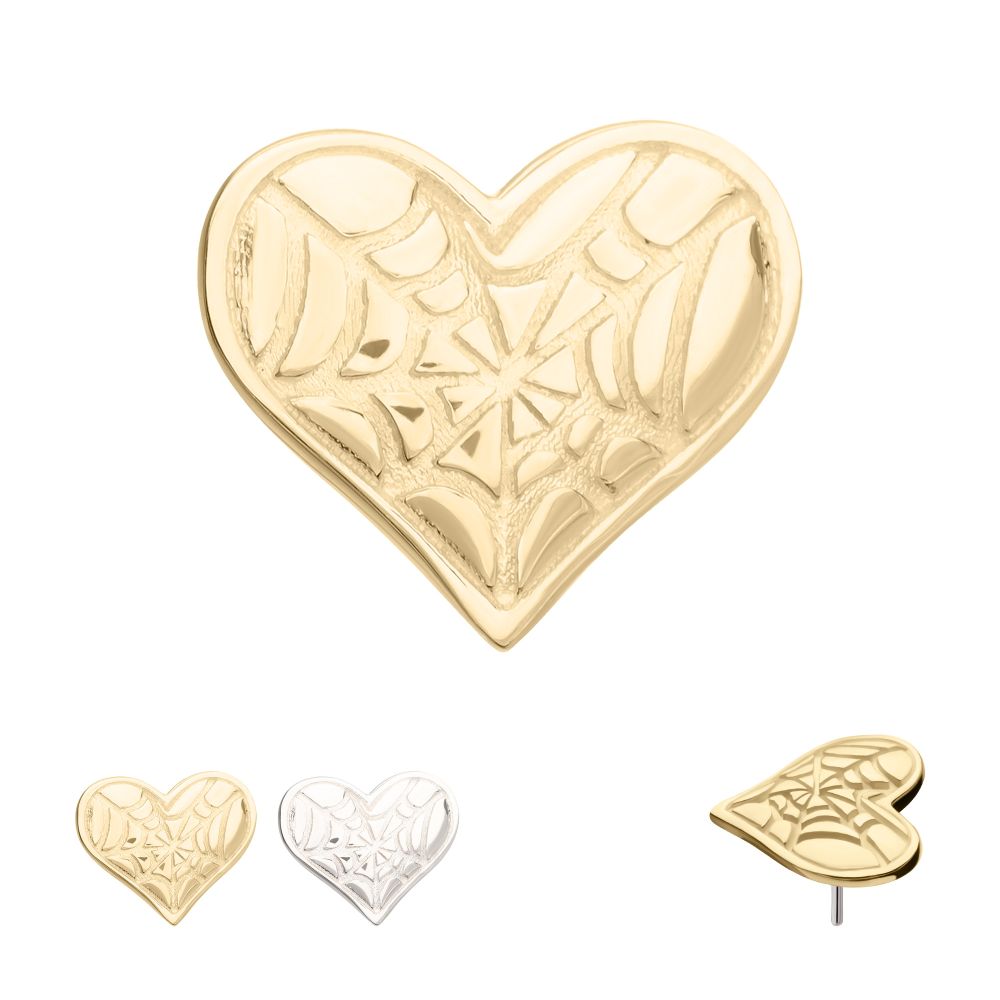 14Kt Gold Threadless Heart Top with Carved Spiderweb