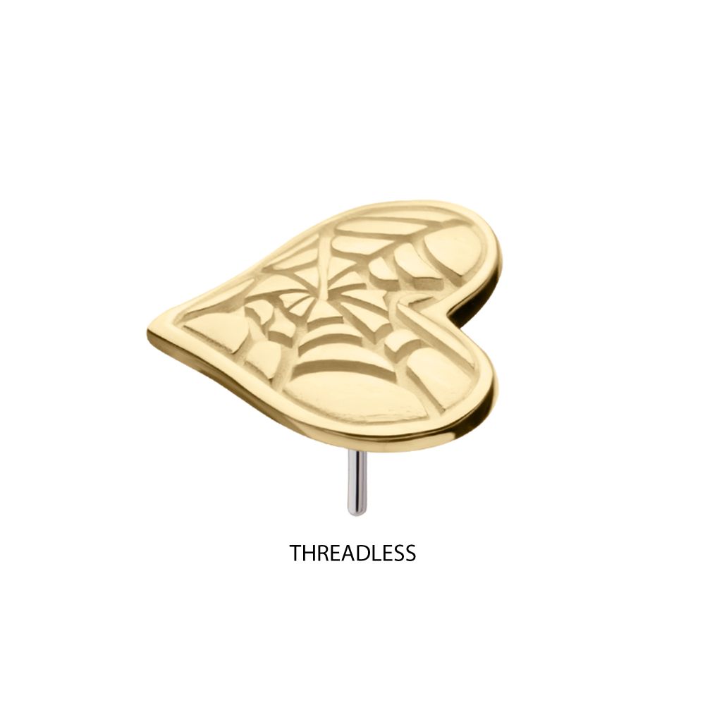 14Kt Gold Threadless Heart Top with Carved Spiderweb