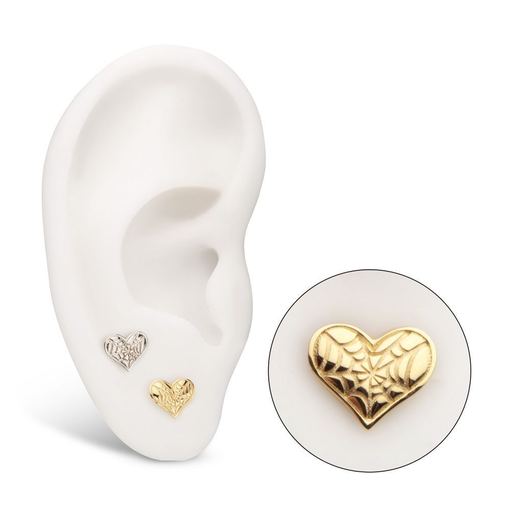 14Kt Gold Threadless Heart Top with Carved Spiderweb
