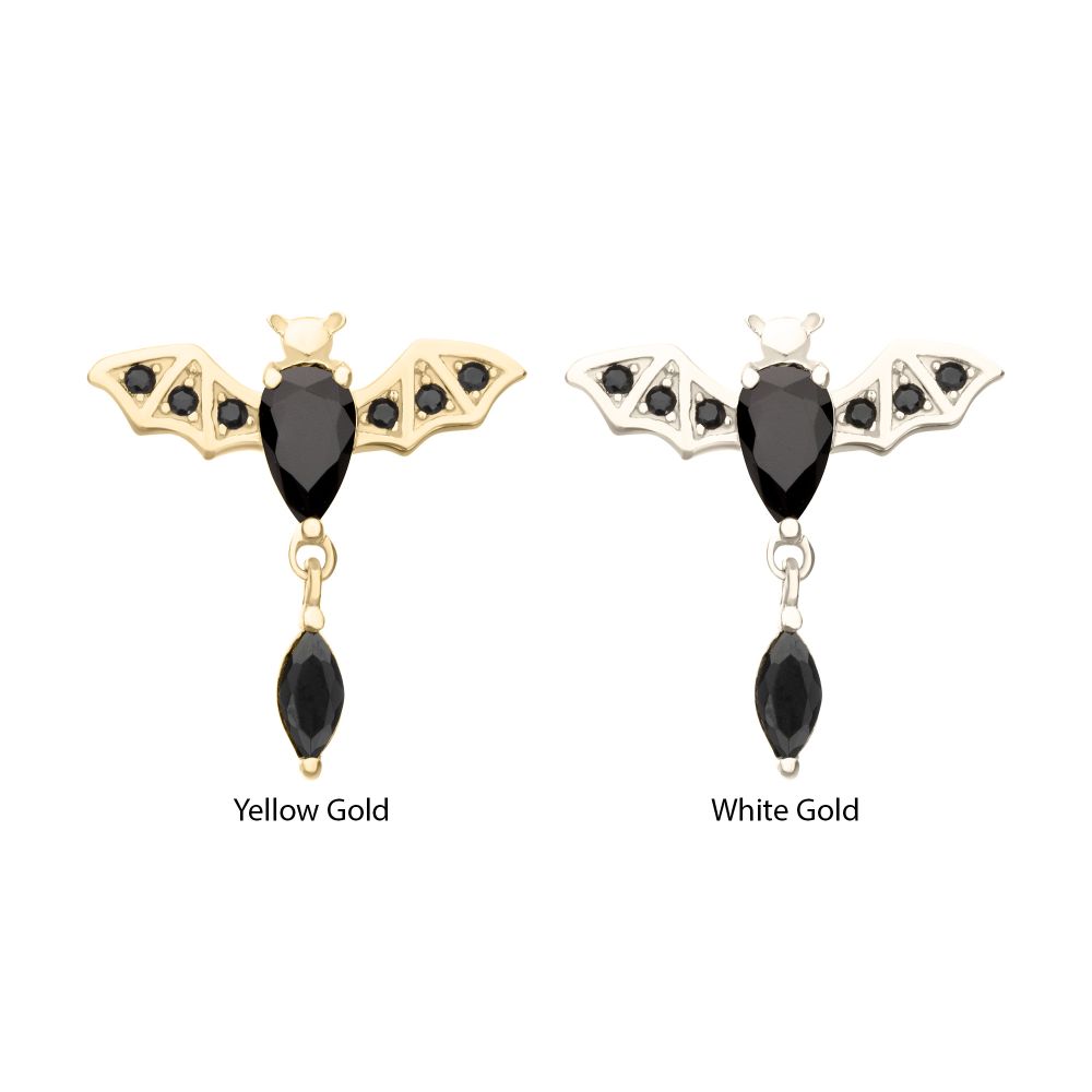 14Kt Gold Threadless Prong Set Gem Flying Bat Top with Black Marquise Dangle