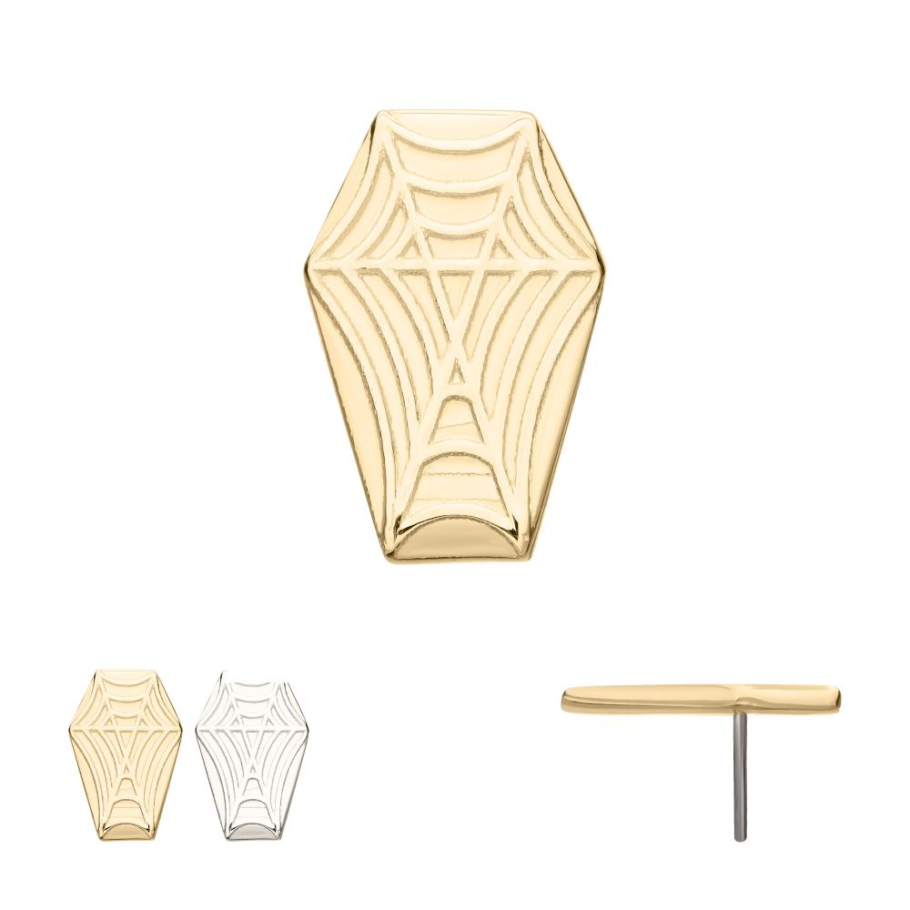 14Kt Gold Threadless Coffin Top with Carved Spiderweb