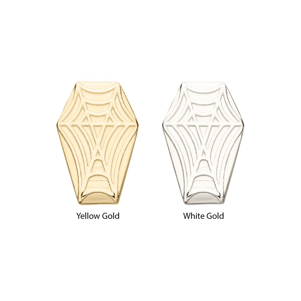 14Kt Gold Threadless Coffin Top with Carved Spiderweb
