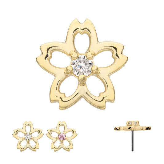 14Kt Yellow Gold Threadless Cut Out Cherry Blossom Flower Top with Prong Set Gem