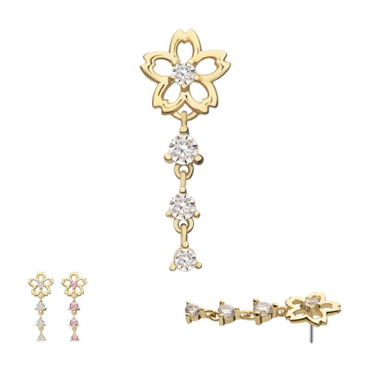 14Kt Yellow Gold Threadless Cut Out Cherry Blossom Flower Top with Triple Prong Set Gem Dangle
