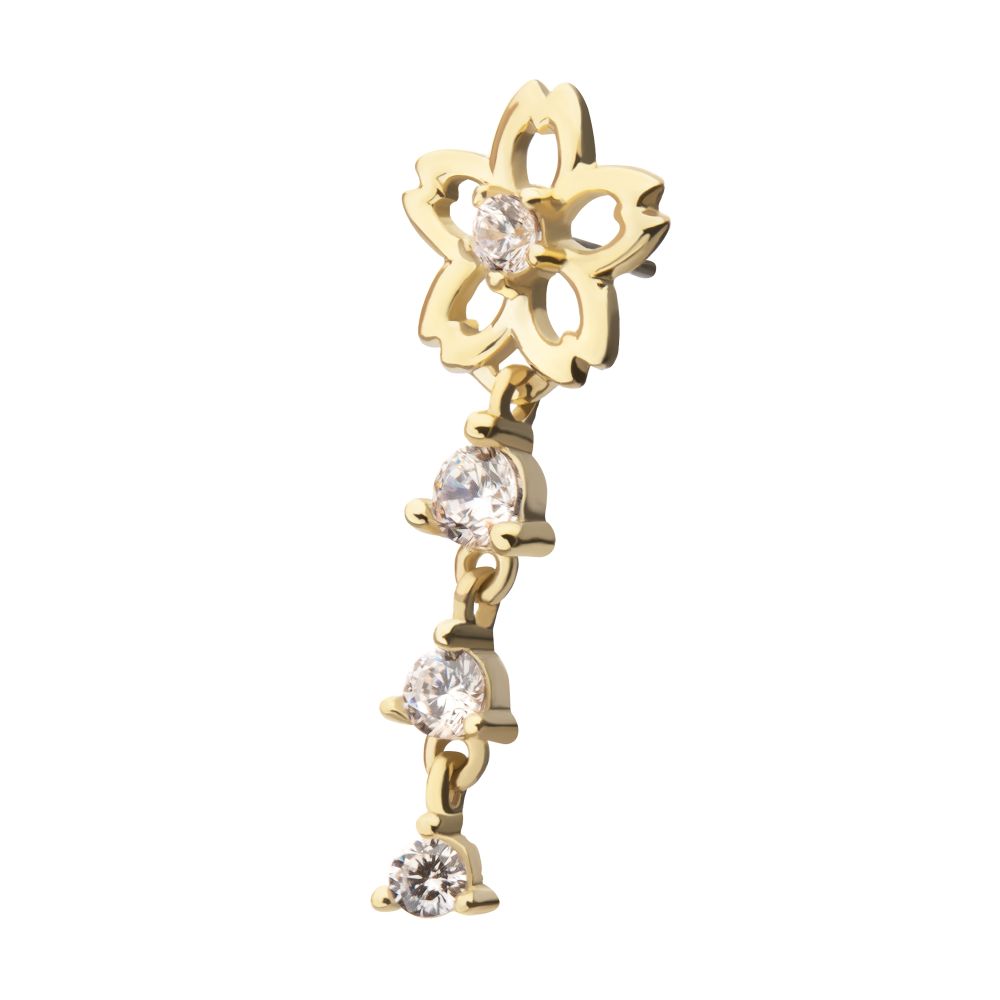 14Kt Yellow Gold Threadless Cut Out Cherry Blossom Flower Top with Triple Prong Set Gem Dangle