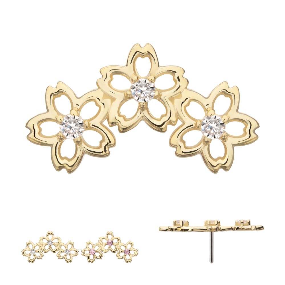 14Kt Yellow Gold Threadless Triple Cut Out Cherry Blossom Flower Top with Prong Set Gem