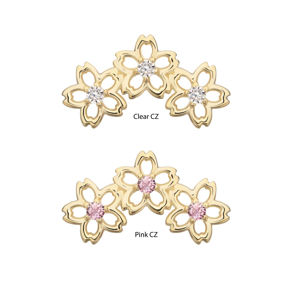 14Kt Yellow Gold Threadless Triple Cut Out Cherry Blossom Flower Top with Prong Set Gem