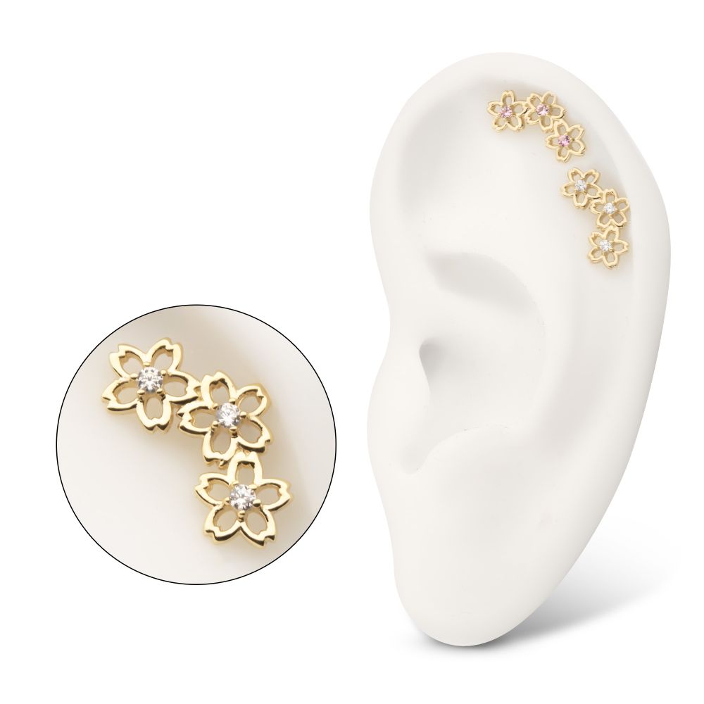 14Kt Yellow Gold Threadless Triple Cut Out Cherry Blossom Flower Top with Prong Set Gem