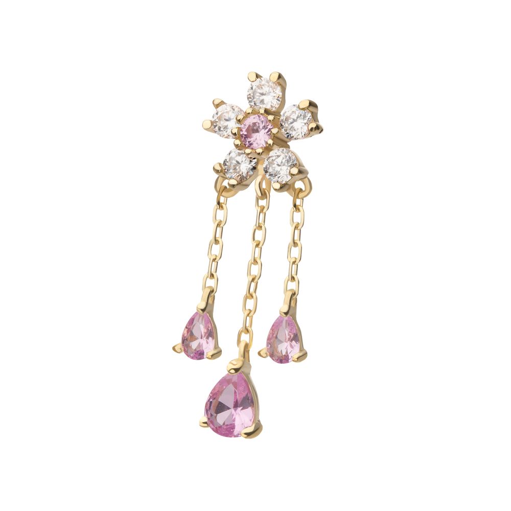 14Kt Yellow Gold Threadless 5-Petal Prong Set Gem Cherry Blossom Flower Top with Triple Teardrop Dangle