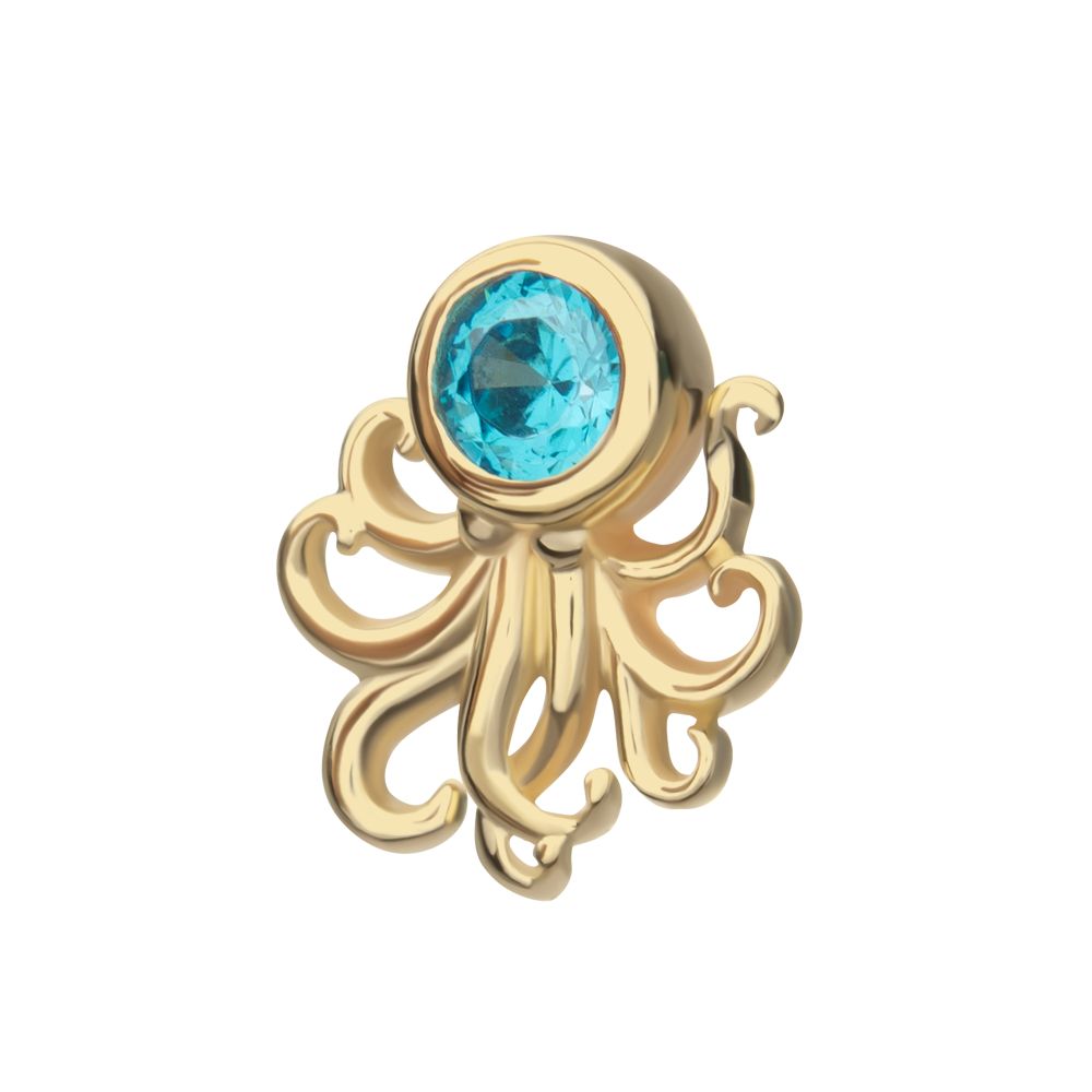 14Kt Yellow Gold Threadless Sprawling Octopus Top with Bezel Aqua Gem