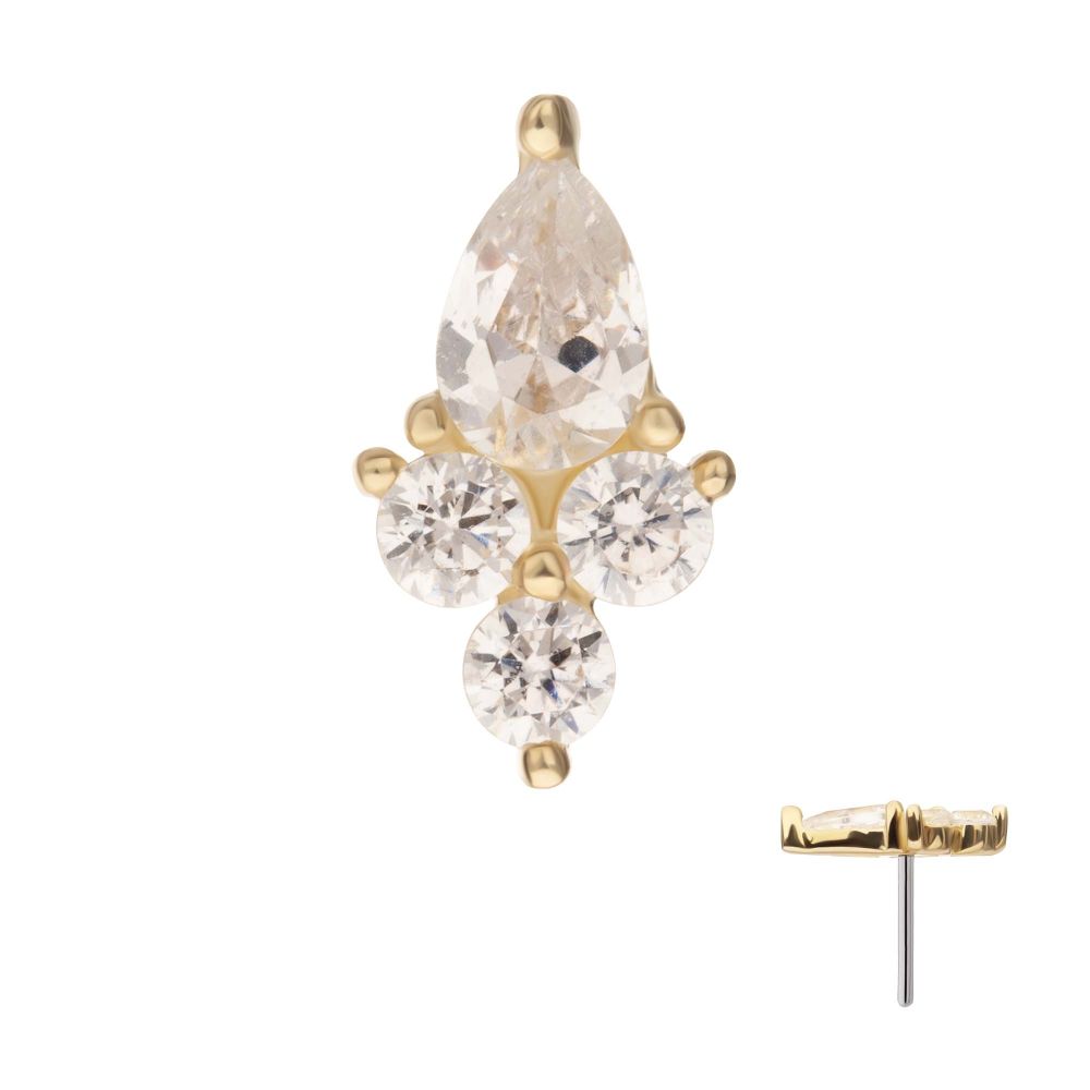 14Kt Gold Threadless Prong Set Teardrop & Triple Round Gem Top