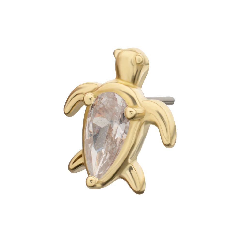 14Kt Yellow Gold Threadless 3-Prong Teardrop Gem Turtle Top