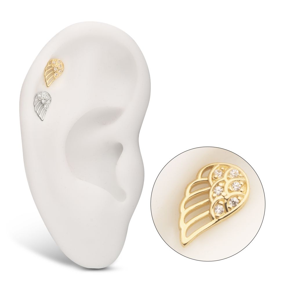 14Kt Gold Threadless Angel Wing with Pave Gem Top (Right Ear)