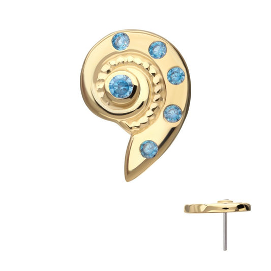 14Kt Yellow Gold Threadless Aqua CZ Gem Snaill Top