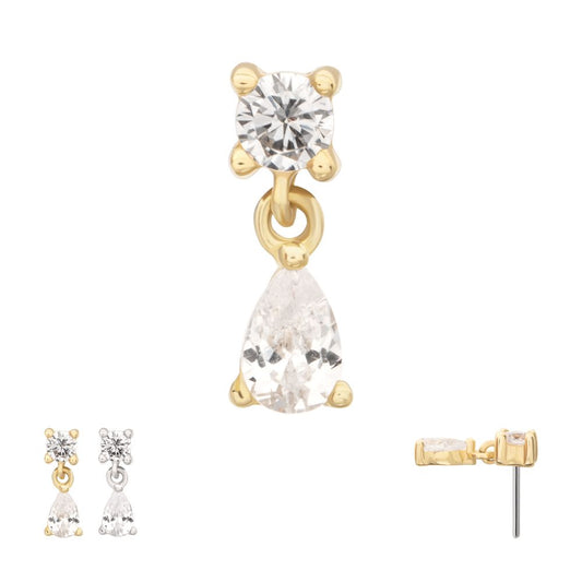 14Kt Gold Threadless Prong Set Round Gem Top with Teardrop Dangle