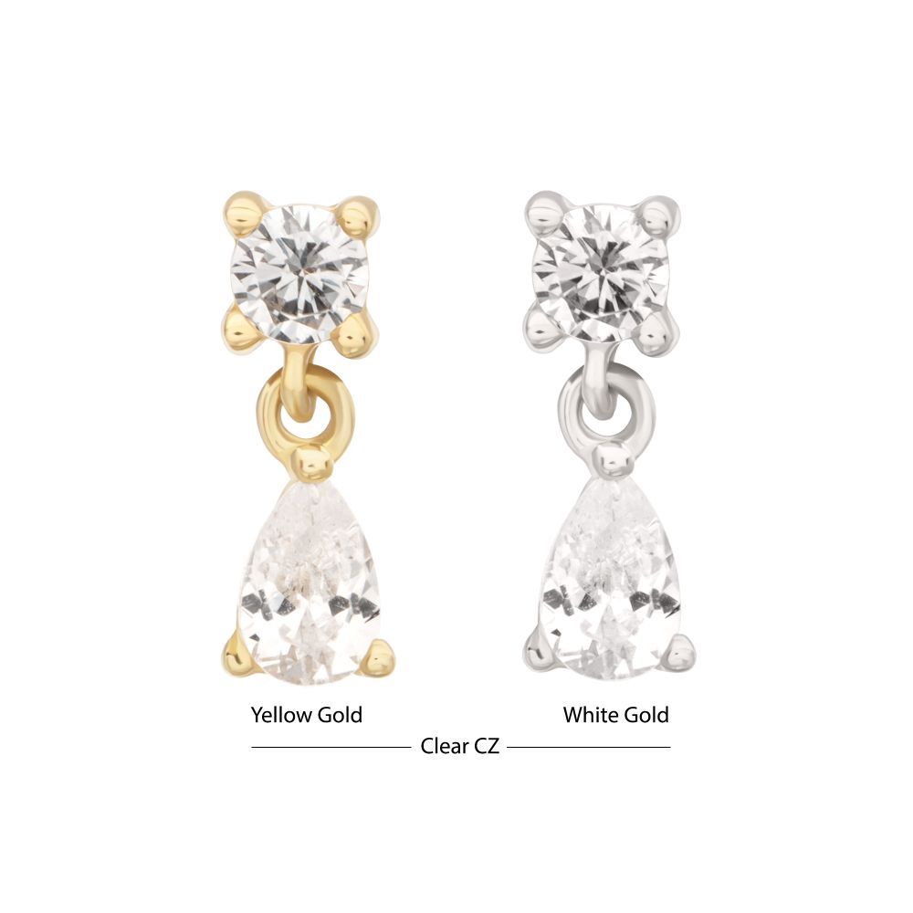 14Kt Gold Threadless Prong Set Round Gem Top with Teardrop Dangle